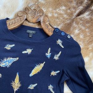 TALBOTS Navy Blue Embroidered Feather Sweater